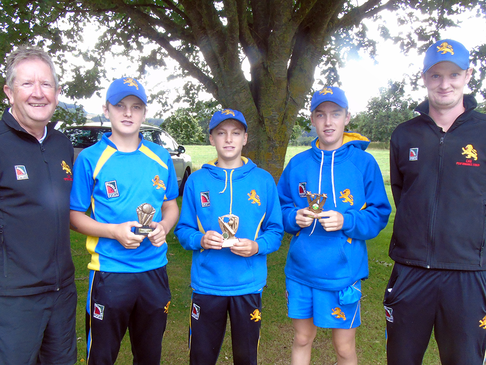 In the centre are Devon Development XI players of the year in 2019 - Ed Butler, Jack Whittaker and Jake Pascoe - flanked by tour manager Nigel Ashplant and coach Jack Bradbury