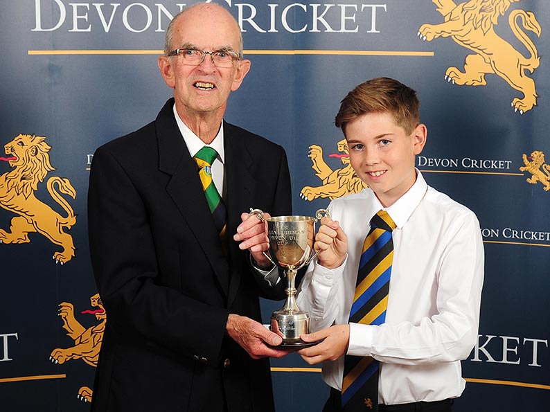 Ted Ashman (left) presenting the Sally Ashman Cup to Will Popham at the 2017 DCB awards night in Exeter