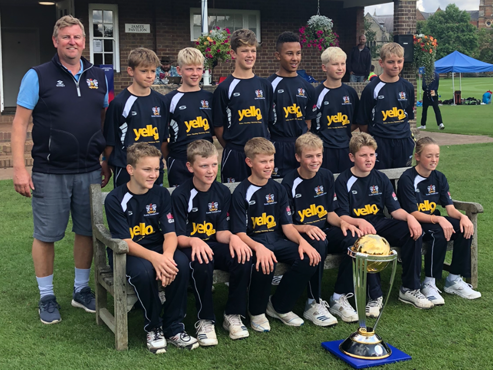 The Exeter U13 squad at Rugby School pictured with the World Cup won by England in last month’s final at Lord’s. Back (left to right): Mark Gribble (coach), Tom Wraith, Noah Lovedale, Felix Willis, Hugo Hepburn, Fin Hill, George Russell. Front: Freddie Cockram, Zach Vukisic, Oliver Gribble, Harry Williams, Rory Cooper-Smit, Georgia Read