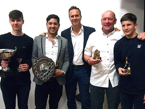 Left to right are award winners Zack Dunn, Dinesh Raheja, dinner guest Michael Vaughan, Andy Johnson and Arthur Johnson