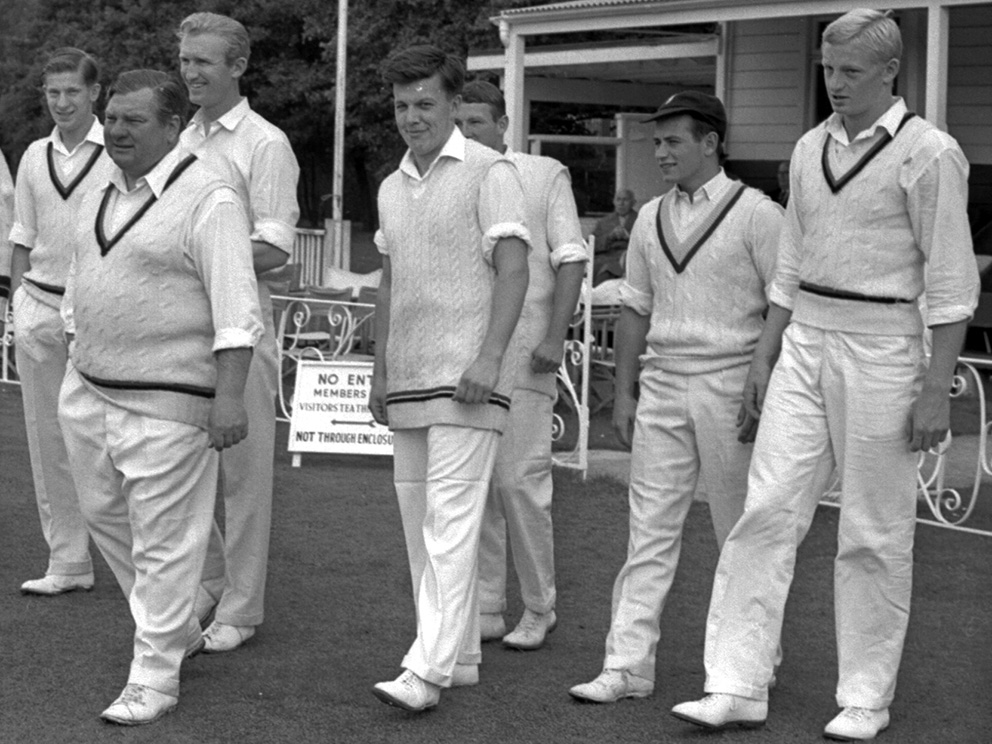 Torquay CC 1st XI being led out by skipper Ted Dickinson early in the 1963 season. Bob Coombe is the blond-haired player on the far right of the photo. Also pictured (left to right) are Alan Sibley, Alan Hitchman, Paul Twose, Malcolm Kerr and Jeff Tolchard