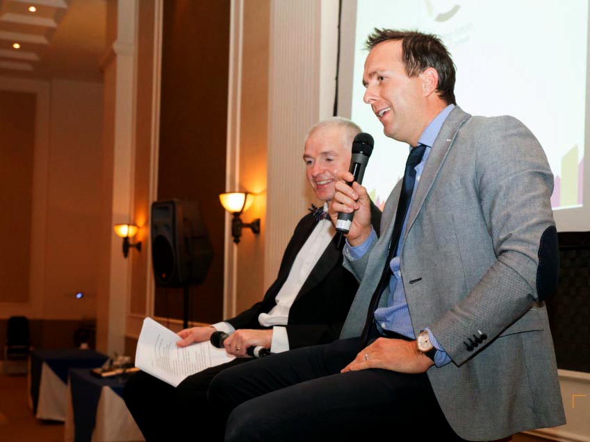 Michael Vaughan (right) pictured during a previous speaking engagement in Devon