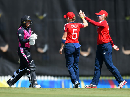 Sophie Ecclestone and Heather Knight celebrate the dismissal of Hayley Jensen. Photo: Getty Images