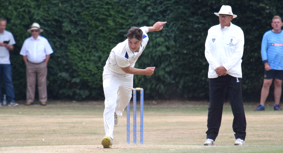 Devon's Kazi Szymansk bowling on the third day against Shropshire – he took seven wickets in the match
