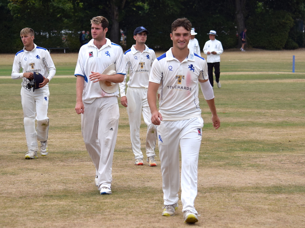 Kazi Szymanski leads Devon off the field at Bridgnorth after taking six Shropshire wickets<br>credit: Conrad Sutcliffe - no re-use without copyright owner's consent