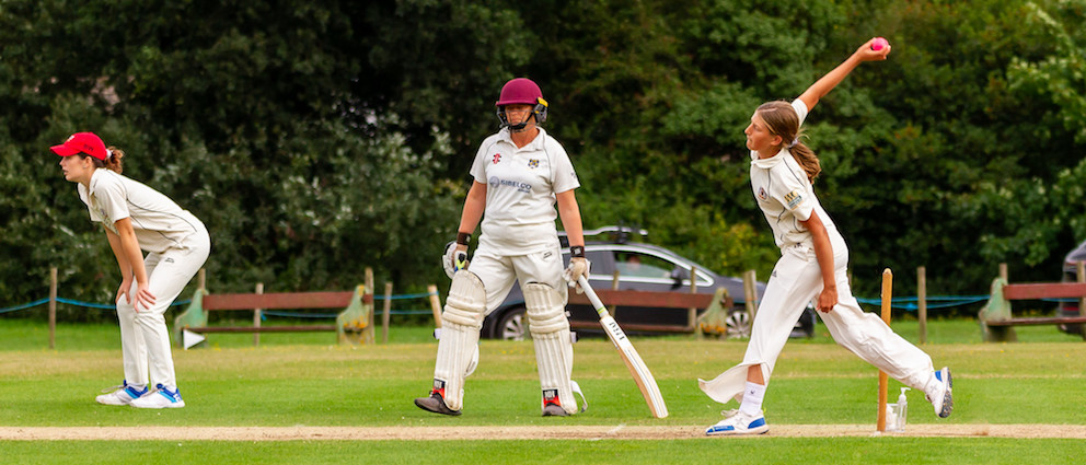 Exeter bowling in the match against Bovey Tracey | Photo: Mark Lockett