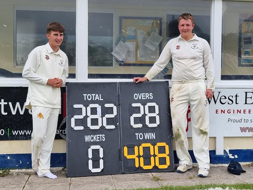 Jack Ford (left) and James Greenleaf (right) with the scores displayed outside the pavilion at Westward Ho!<br>credit: Mrs Hayter's phone