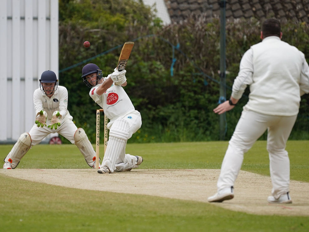 Ashburton captain Ashley Berry takes on Bridestowe bowler Callum Mallett. The keeper is Pat Ewen<br>credit: Julian Preston