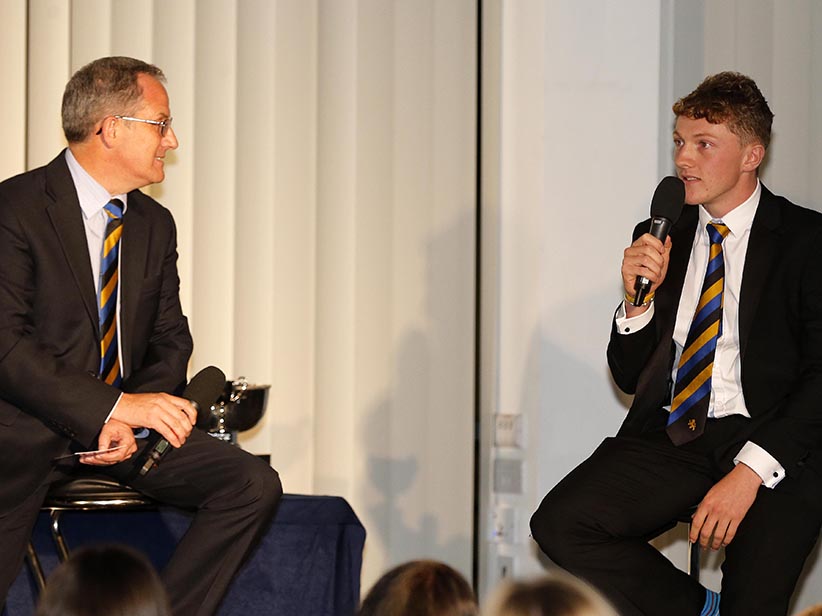 Mark Tyler (left) chatting to Dom Bess at the DCB awards evening