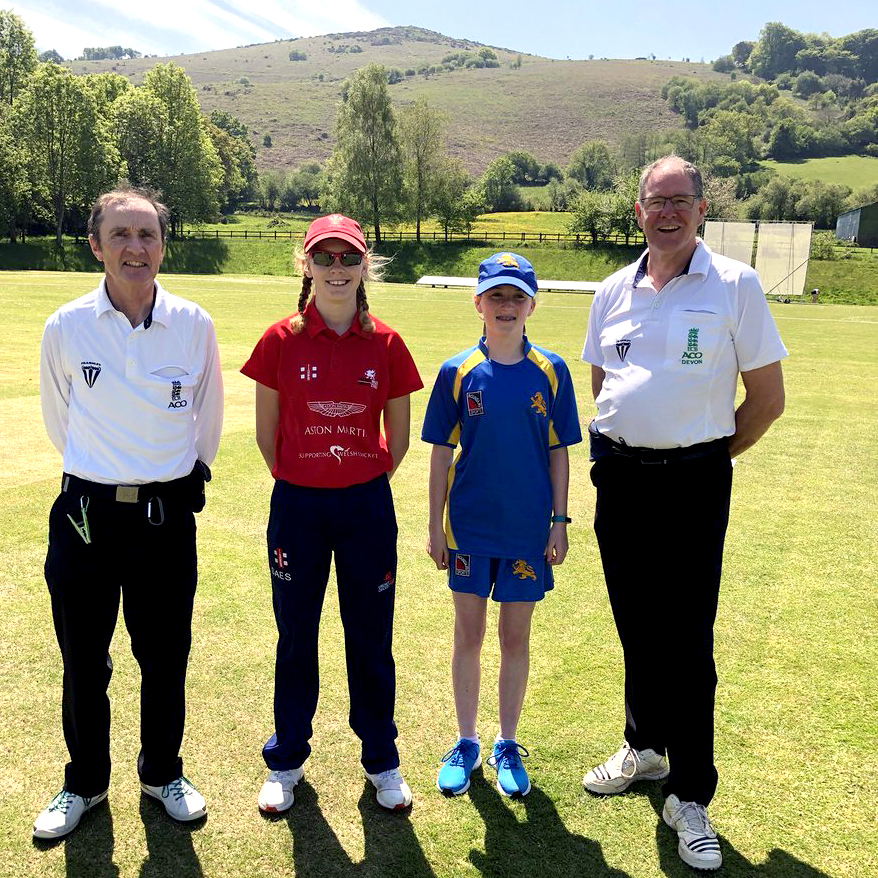 Left to right are umpire Phil Mallett, Wales captain Bethany Cook, Devon skipper Ruby Davis and umpire Ian Birt