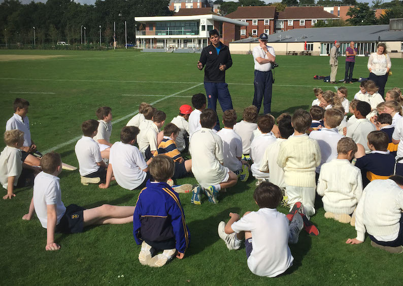 Alaistair Cook during his coaching clinic with boys and girls from Exeter Cathedral School