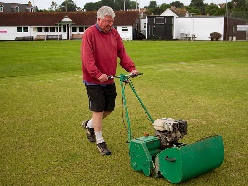 Soon be summer! No doubt Seaton groundsman Peter Anderson will have the Court Lane square in tip-top condition when Devon pay a visit in April