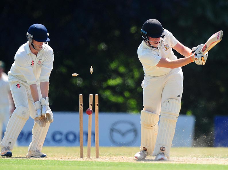 Tom Baycock of Exeter CC is bowled by Tom Strawbridge of Hatherleigh <br>credit: https://www.ppauk.com/photo/2001670/#
