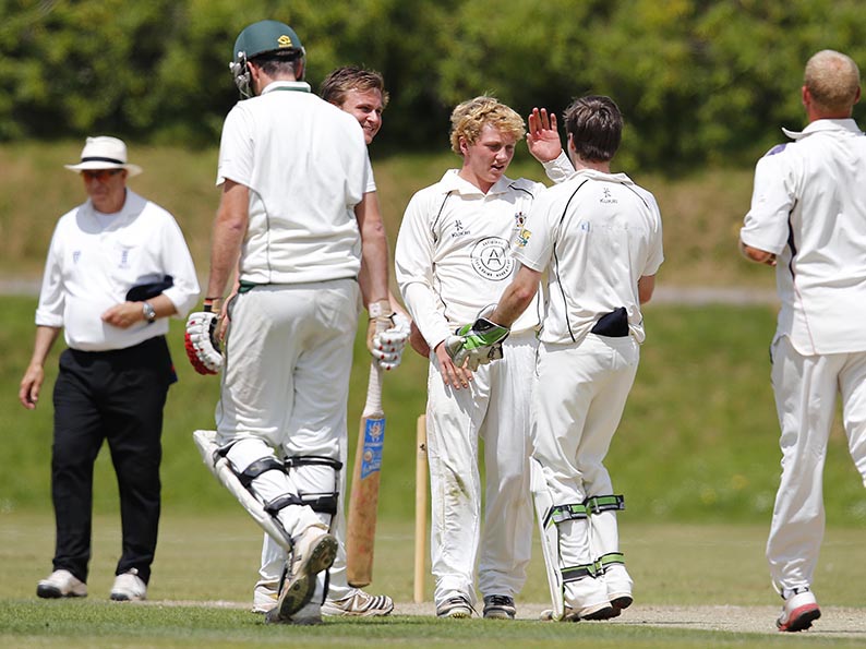 Flashback to June 2014! Dominic Bess of Exeter CC celebrates the wicket of David Burke of Plymouth CC<br>credit: Phil Mingo