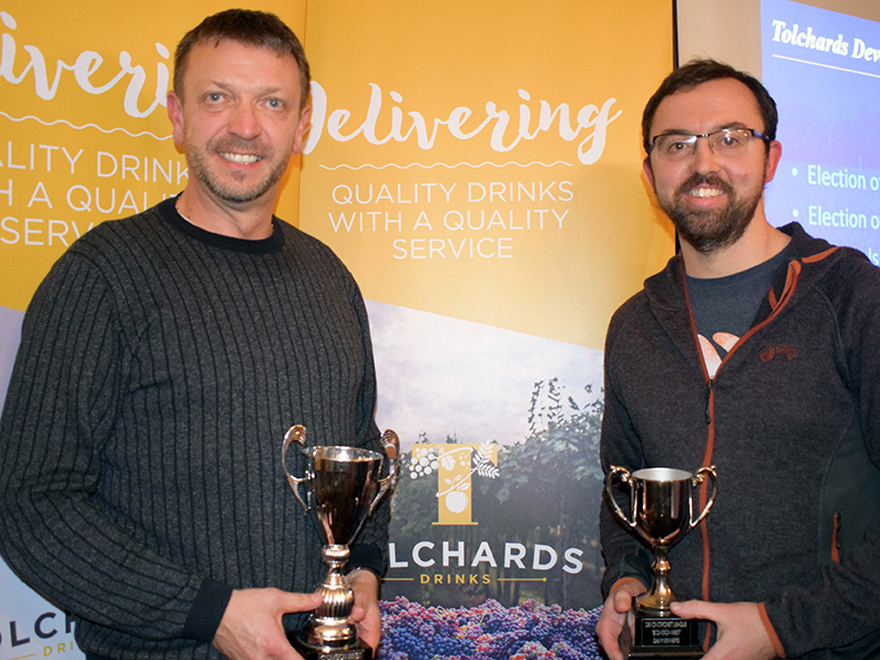 Flashback! Babbacombe's Steve Broad and Seb Loram with last season's DCL divisional champions trophies<br>credit: Conrad Sutcliffe
