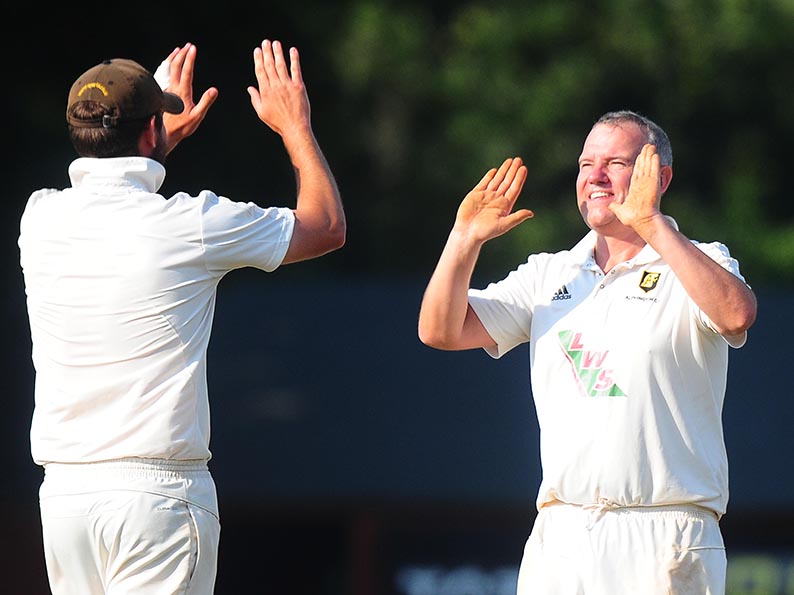 Celebration time for Alphington's Stuart Shaw after taking a wicket in the win over Exeter 2nd XI