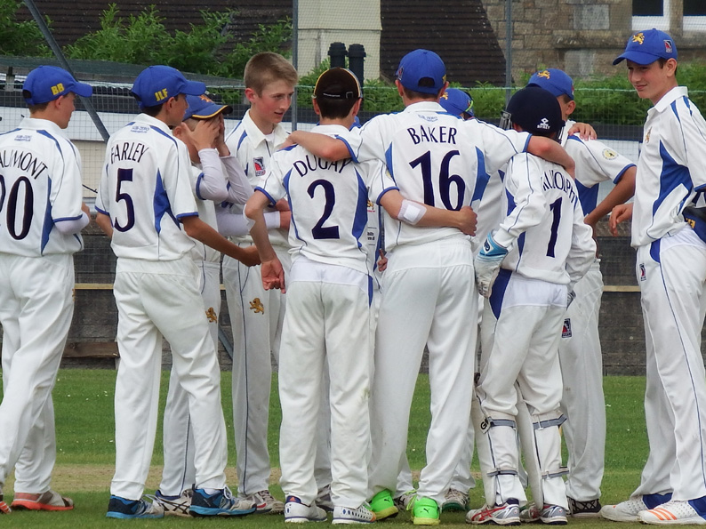 A wicket falls against Wiltshire - time for a huddle