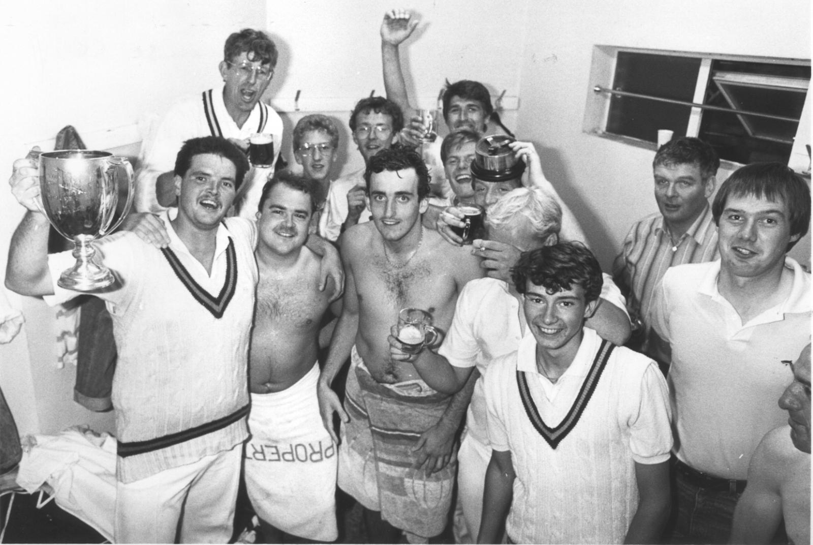 Chris Kelmere leads the dressing room celebrations after Babbacombeâ€™s win in the 1987 Narracott Cup final