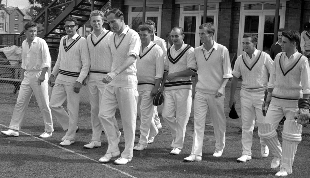 Derek Cole leads Devon out against Dorset at Paignton in August 1963. Left to right are a youthful Roger Moylan-Jones, Gerald Trump, Doug Yeabslley, Cole, David Shepherd, Chris U'ren, Peter Atkinson and the Tolchards, Jeff and Roger