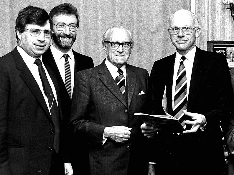 Ken Creber is on the left in this picture taken at Torquay CC's annual dinner in 1986. Left to right are top-table guest Dave Thomas along with Torquay CC committeemen Harry Ball and Peter Goodrich 