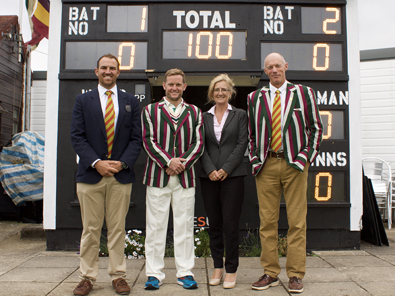 Left to right are MCC captain Andy Mead, Free Foresters skipper John Ratledge, Elaine Gamwell of Lyme Bay Law and Free Forestersâ€™ tour manager Nick Baldwin.<br>credit: Stephen Pritchard