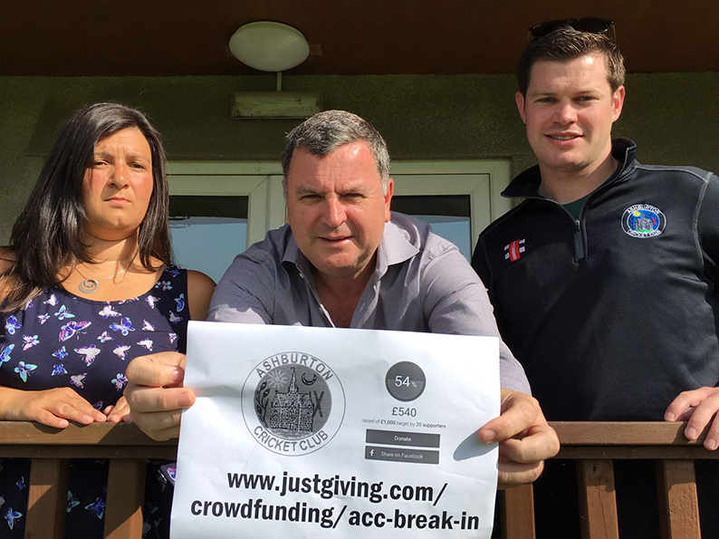 Town mayor Sarah Parker-Khan and (left) Mel Stride MP (centre) promoting Ashburton CC's crowdfunding appeal, launched by Lloyd White (right), following a series ofÂ break-ins at the club