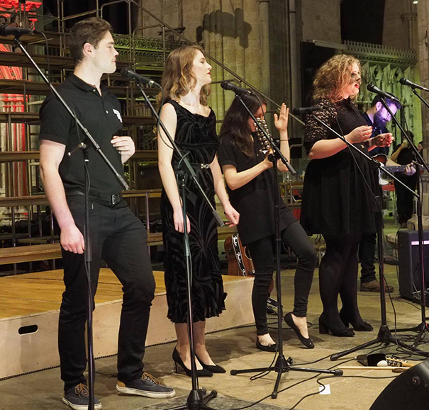 George Stephenson (far left) performing in Exeter Cathedral during the CLIC Sargent concert tour 