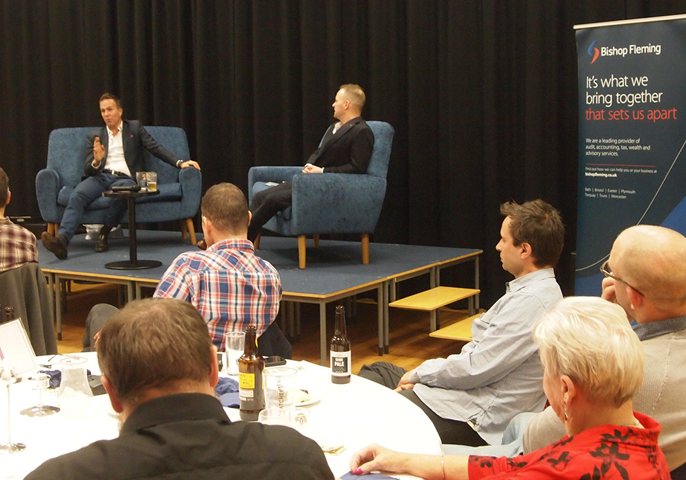 Michael Vaughan in conversation with host Al George at the Ivybridge CC fund-raiser