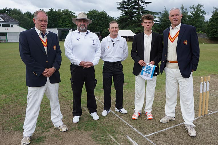 Left to right are Pete Sanderson (SDCC coach), umpires Pete Jolliffe and Phil Mallett, SDCC skipper Will Christophers and MCC captain Alex Harris