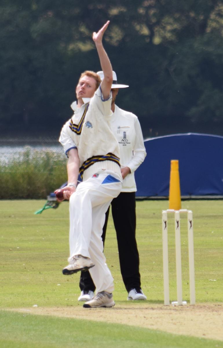 Jamie Stephens on the way to a three-wicket haul at Truro