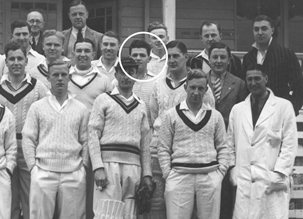 Stuart Mountford (circled) with players from both teams on his debut for Devon in 1938