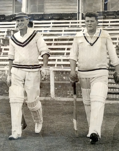 Chris U'ren and David Shepherd going out to bat for Devon against Oxfordshire at Exeter in 1964