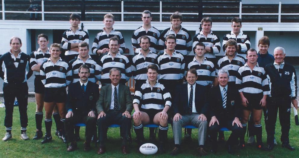 Bryan Lang (second from left in the front row) posing with a TORQUAY Athletic rugby team from the early 1990s. Barney Bettesworth is fourth from the left