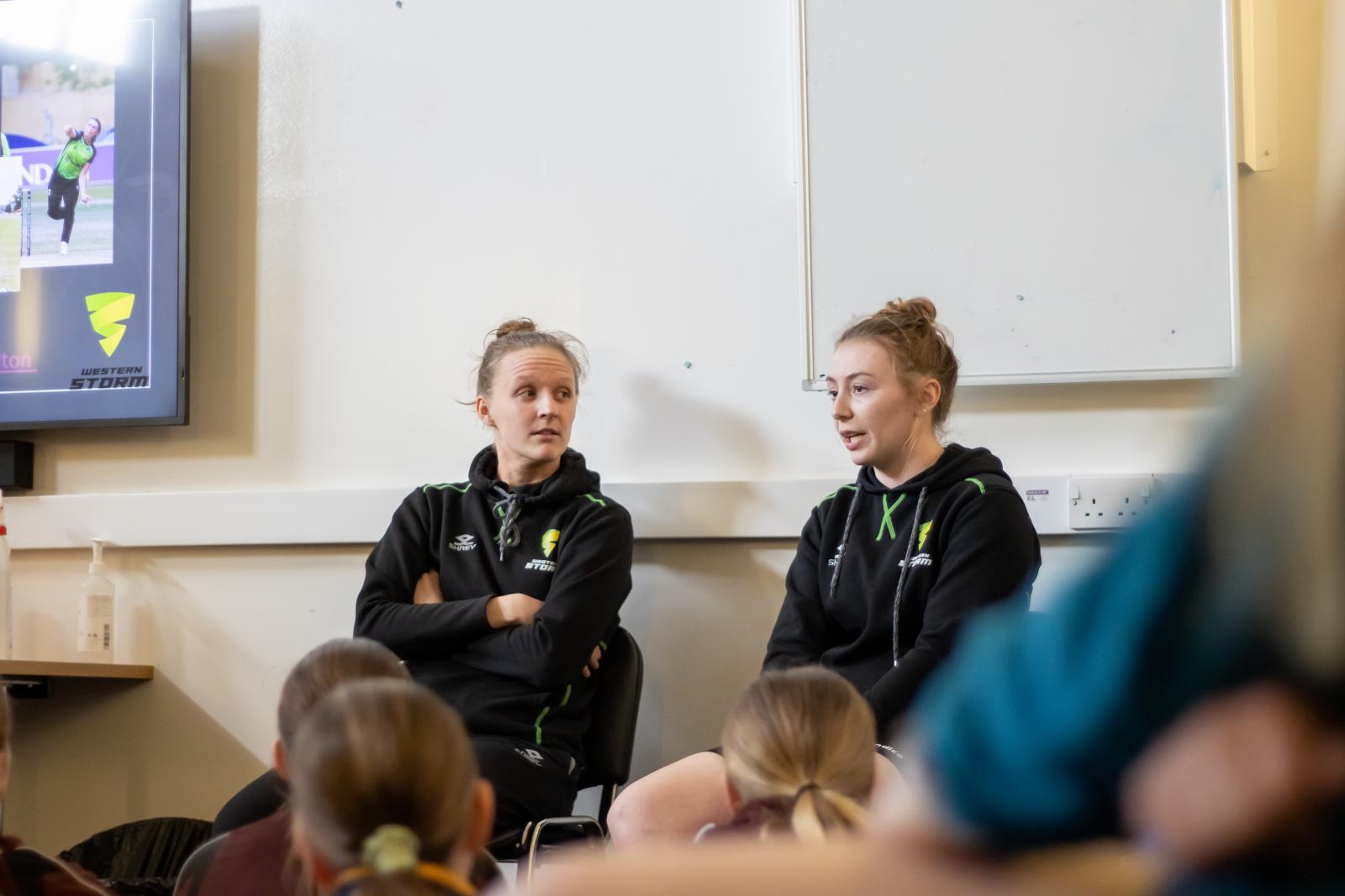 Lauren (left) and Chloe spoke about their cricket careers and answered questions from the girls and members of staff.