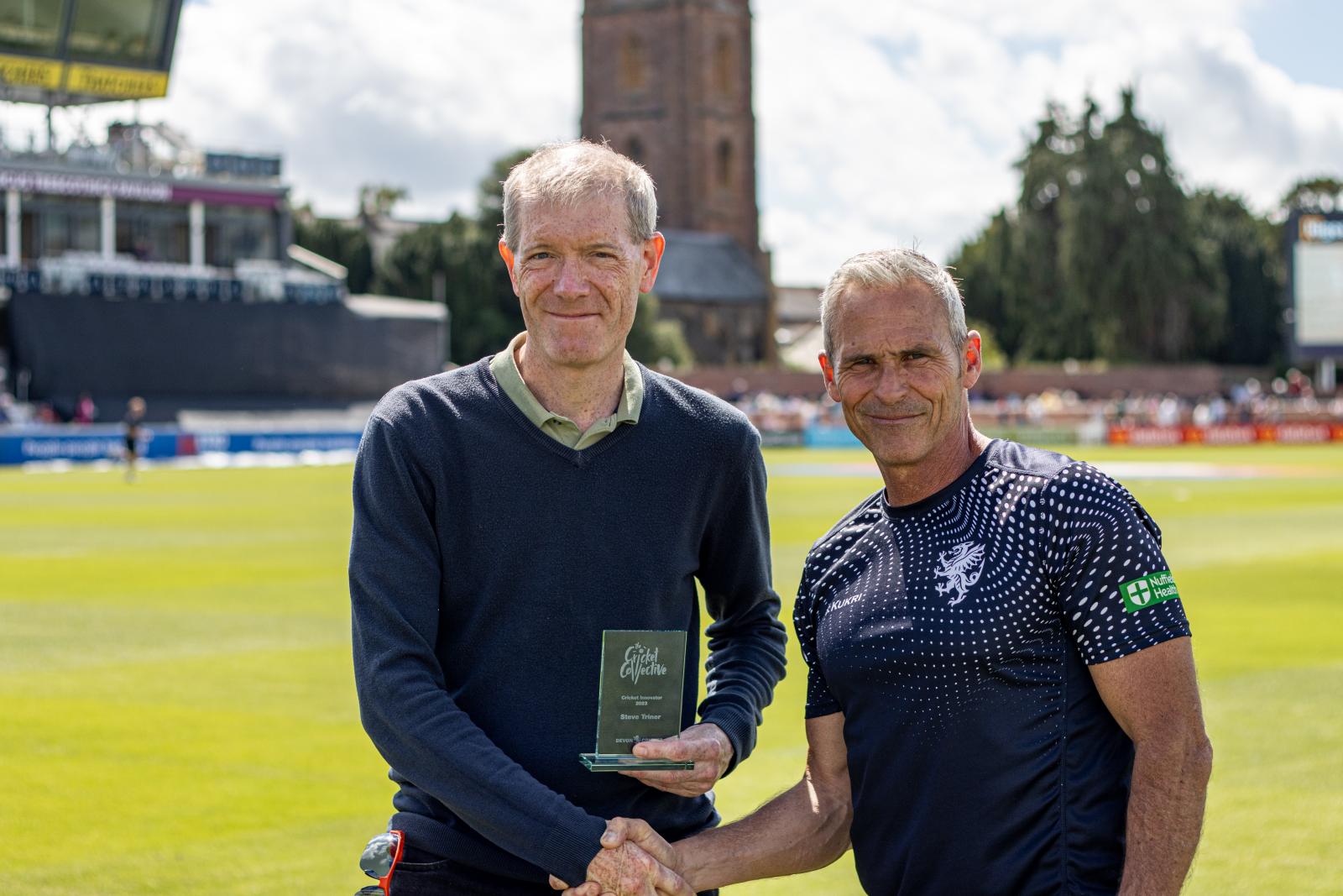 Steve Triner receives his award at the Cooper Associates County Ground.