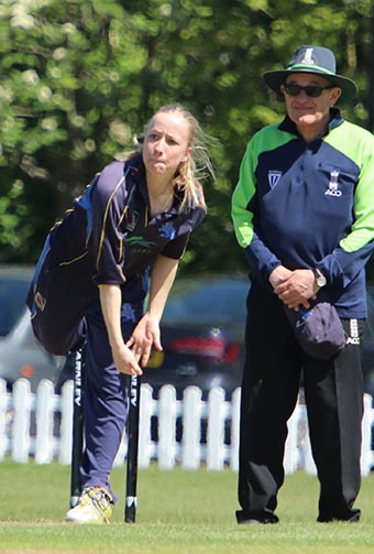 Becca Silk on her way to a five-wicket haul against Worcestershire