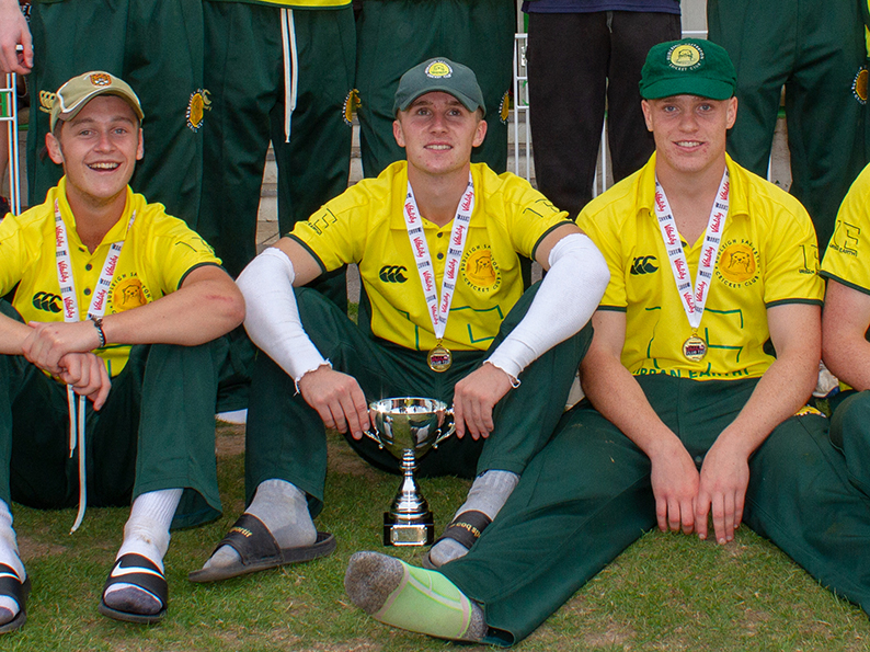 Winning captain Ed Doble flanked by James England and Gwyn Parks with the Vitality T20 Devon Cup