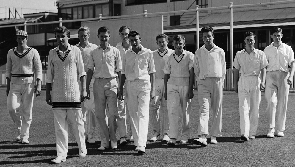 Roger Moylan-Jones leading Devon Colts out against Somerset at Taunton in 1958