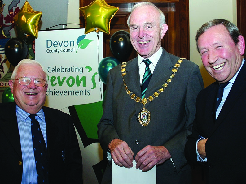 Roger Moylan Jones (right) with the late Geoff Evans (left) and Devon County Council chairman John Rawlinson at a County Hall reception for the 2008 MCCA Cup winners