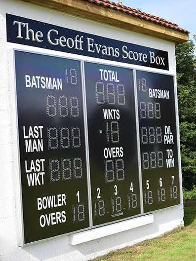 The new scoreboard bearing Geoff Evans' name