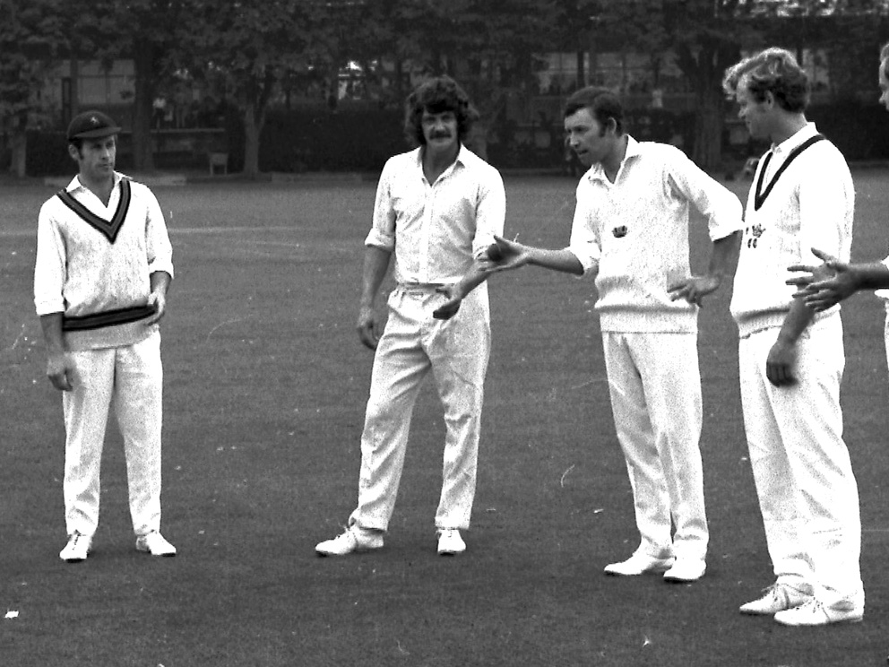 Outgoing Devon CCC president Roger Moylan-Jones conducting some light fielding practice before a game against Oxfordshire at Paignton in 1973