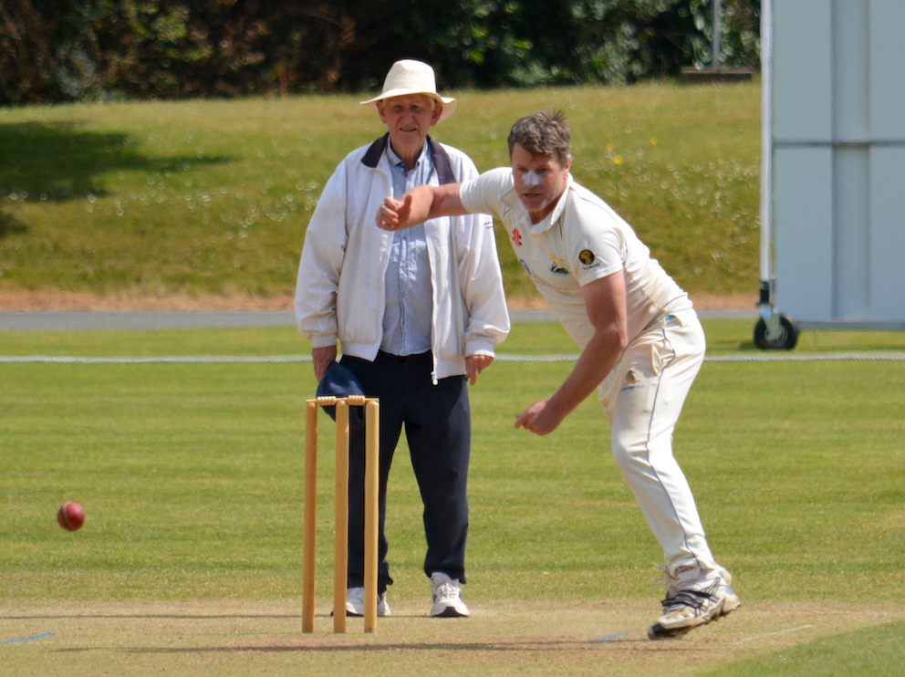 Shobrooke's Chris Simpson on duty as a death bowler in the game against Topsham SJ