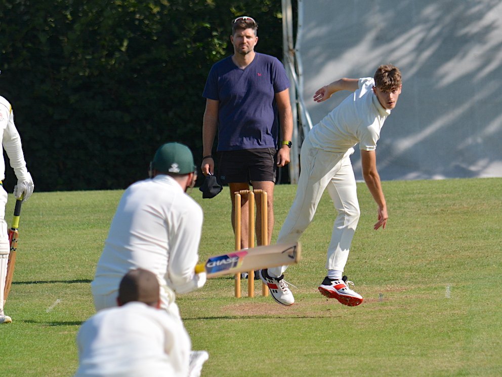 Abbotskerswell's young seam bowler Cameron Gold operating with the new ball against Hatherleigh