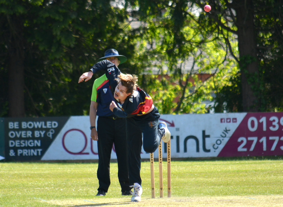 Exeter's George Addy gives it a rip while bowling against Cornwood