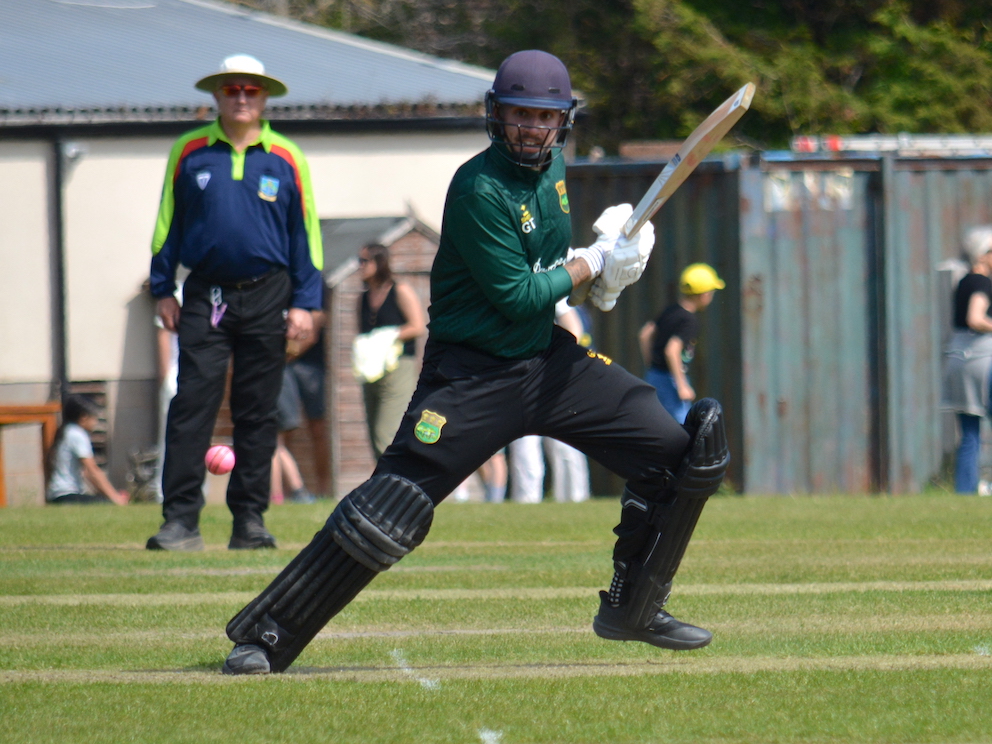 Cornwood's George Thompson on the way to a gritty half-century against Exete