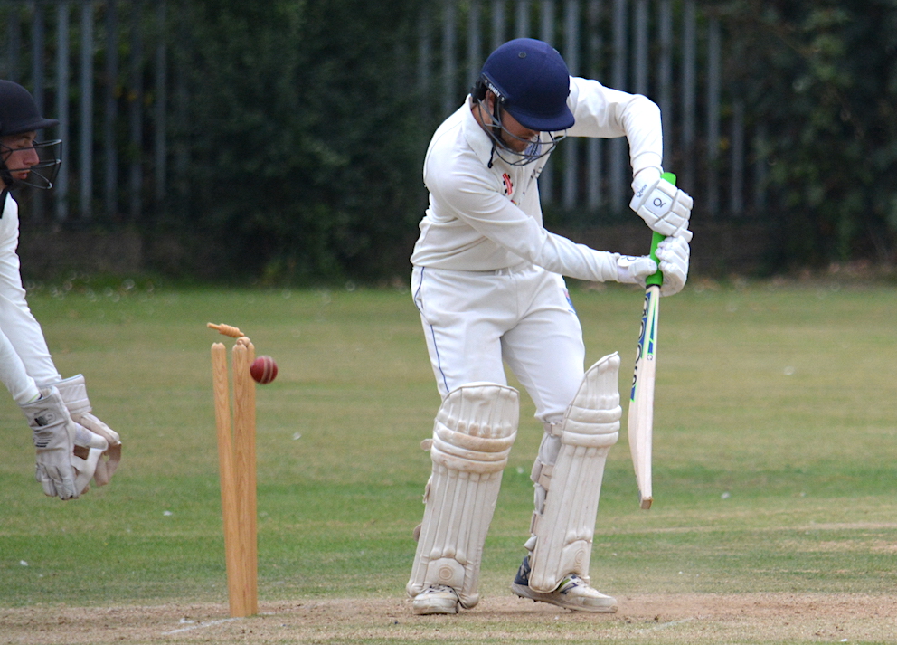 South Devon opener Morgan Hargreaves has just become the first of the three wickets taken by Cornwood's Stanley Baker