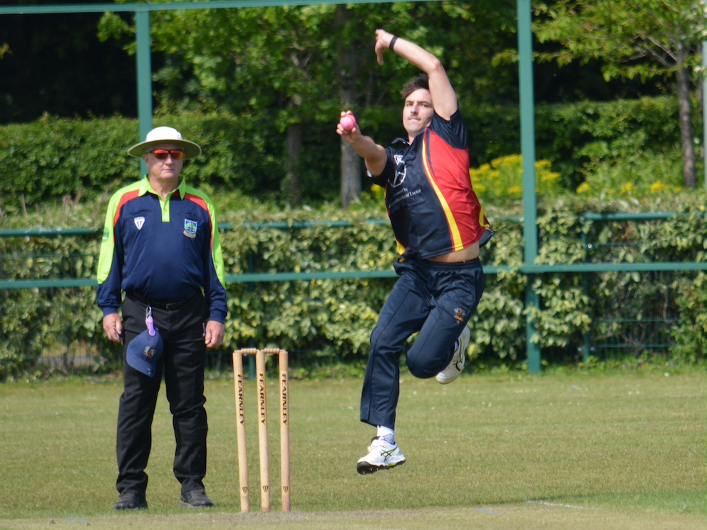 Exeter paceman Tom Simmons unfurls a delivery in the win over Cornwood