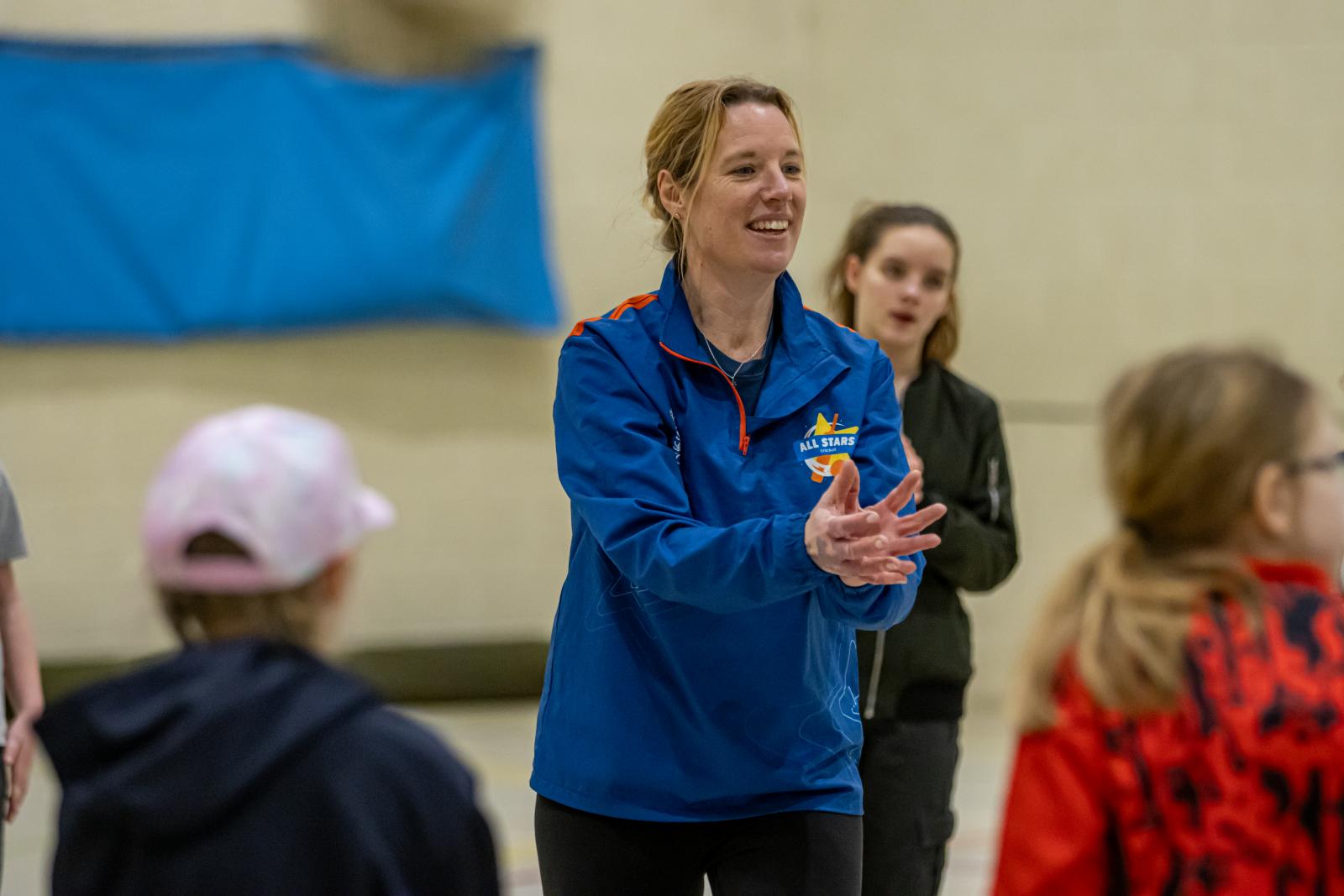 Sarah Field leading the warm up at a Tavistock CC's girls' Sunday session.