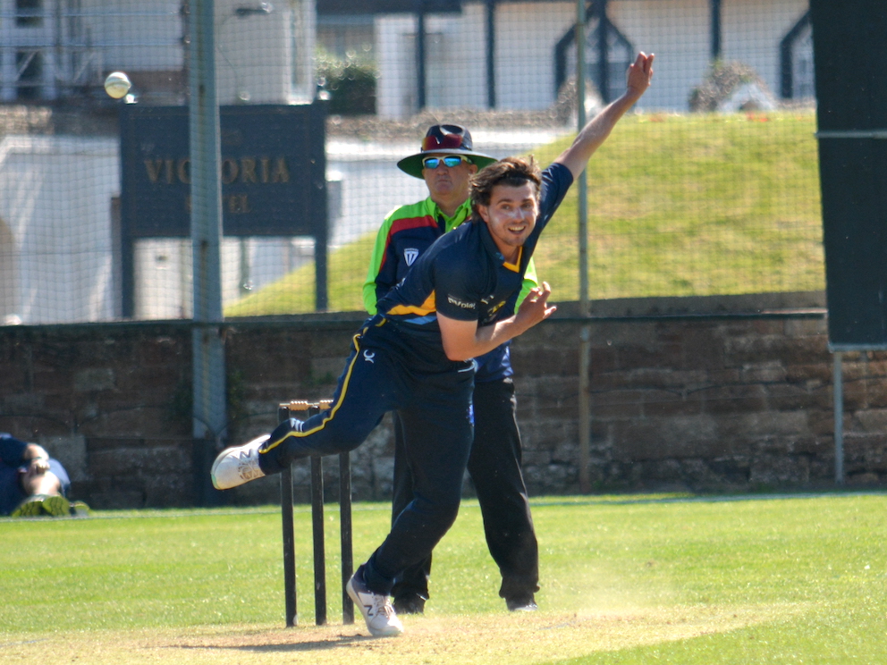 Will Christophers on the way to a three-wicket return in the win over Oxfordshire<br>credit: Conrad Sutcliffe - no re-use without copyright owner's consent