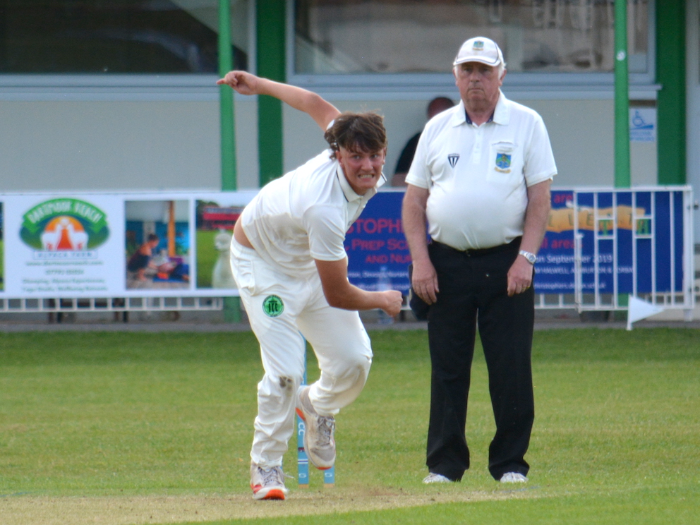 Ivybridge opening bowling Arthur Johnson hurls down a delivery in the win over Bovey Tracey